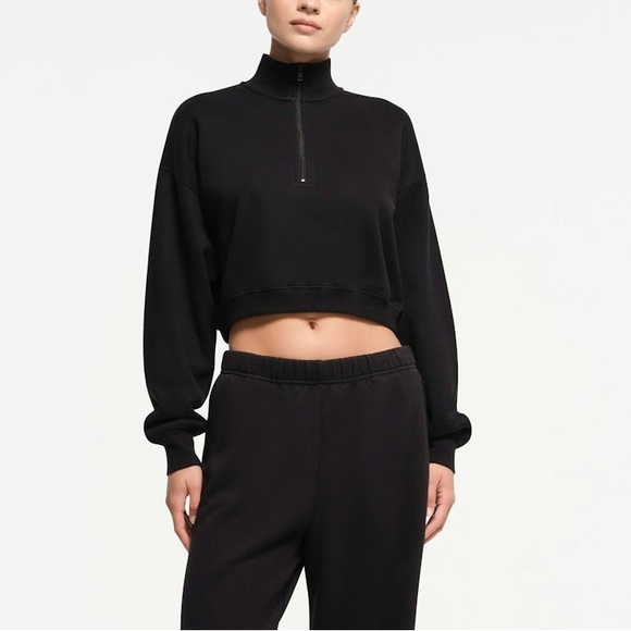 SKIMS COTTON FLEECE CROPPED HALF ZIP PULLOVER ONYX L - Picture 4 of 7